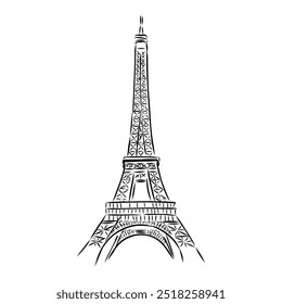 Torre Eiffel em França vista reta, desenho de linha de doodle,