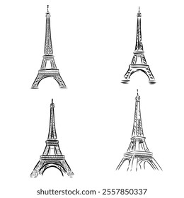 Eiffel tower in France straight view, doodle line sketch,