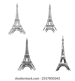 Eiffel tower in France straight view, doodle line sketch,