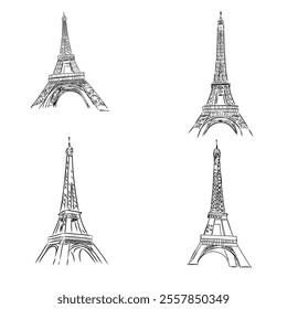 Eiffel tower in France straight view, doodle line sketch,