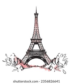 Eiffel Tower in France with trees, straight view, pink watercolor doodle sketch, vintage postcard, France symbol sticker. Modern engraving on a white background.