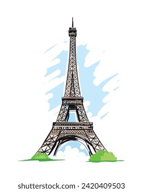 Dibujo de mano libre de la torre Eiffel, tarjeta de época, símbolo de la pegatina francesa