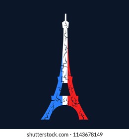 Eiffel tower with french colors and cracks - decline, decay, problems and failure leading to collapse of landmark of France. Vector illustration