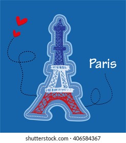 Eiffel tower with french flag colors and blue background with red hearts and the word Paris