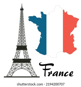 Torre Eiffel, bandera francesa y mapa de fondo blanco
