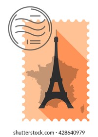 Eiffel Tower and French flag post stamp - long shadow, flat design