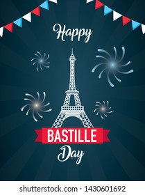 eiffel tower garland fireworks france happy bastille day vector illustration