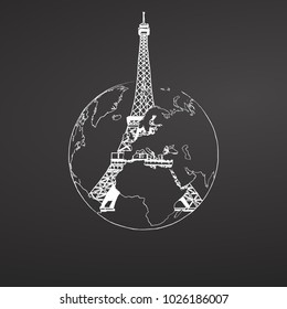 Eiffel Tower and Globe Sketch on Chalkboard. Tourism sketch concept with landmark. Travelling vector illustration. Hand-drawn modern design.