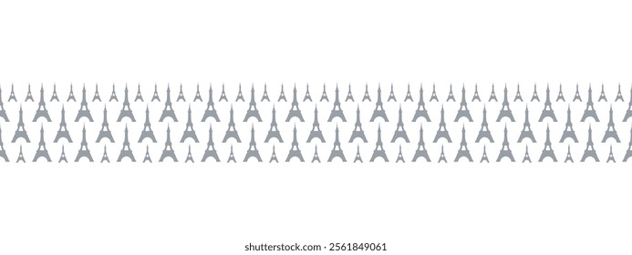 Eiffel Tower. Gray metal tower silhouette. Famous landmark of Paris. Seamless long horizontal border. Repeating vector pattern. Isolated colorless background. Metal construction with a spire.