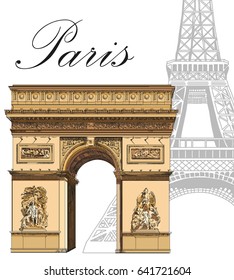 Eiffel tower in grey color and colorful Triumphal Arch (Landmarks of Paris, France) vector isolated hand drawing illustration on white background