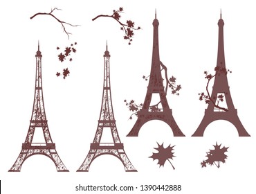 eiffel tower grunge silhouette and autumn maple branches - fall season in paris vector design set
