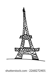 Eiffel tower hand drawn icon, symbol. Black inked strokes, lines hand drawn cartoon style vector illustration isolated on white background.