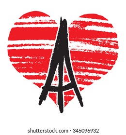 Eiffel Tower with hand drawn sketch red heart, France, Paris, symbol or logo for I love France or I love Paris pin. Scribble drawing.