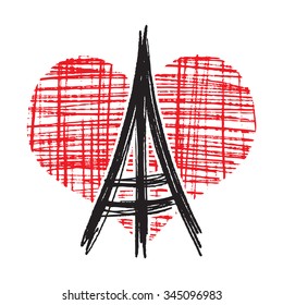 Eiffel Tower with hand drawn sketch red heart, France, Paris, symbol or logo for I love France or I love Paris pin. Scribble drawing.