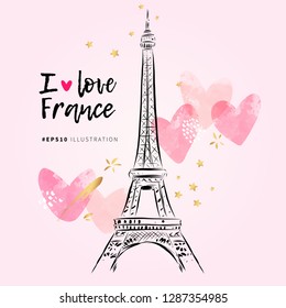 Ilustración vectorial dibujada a mano por la Torre Eiffel. Amo Francia. Arte romántico parisino en el fondo rosa con corazones acuarelas y estrellas doradas.