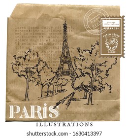 The Eiffel Tower. Hand drawn vector illustration of Paris. Luxembourg Garden view. Cardboard background. Retro style textures. Ink drawing. Scrapbooking. Paris wine and romance. 