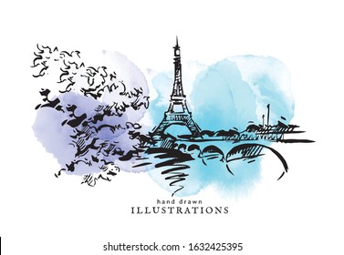 The Eiffel Tower. Hand drawn vector illustration of Paris made in vintage style. Bright watercolor background. Isolated watercolor spot. Blue and lilac watercolor spots. 