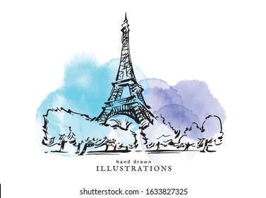 The Eiffel Tower. Hand drawn vector illustration of Paris made in vintage style. Bright watercolor background. Isolated watercolor spot. Blue and lilac watercolor spots. 