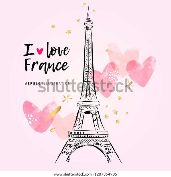 エッフェルタワー手描きのベクターイラスト 私はフランスが大好きです ピンクの背景にパリのロマンチックなアートと水彩のハートと金色の星 のベクター画像 素材 ロイヤリティフリー