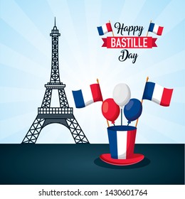 eiffel tower hat balloons flags france happy bastille day vector illustration