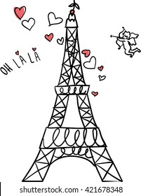 Eiffel tower and heart. Cupid shooting with hearts. Paris Vector illustration. Valentines day.