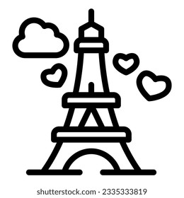 Eiffel Tower with heart line icon, valentine day concept, romance travel sign on white background, Paris as symbol love icon in outline style for mobile concept, web design. Vector graphics