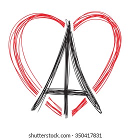 Eiffel Tower in heart shape background, France, Paris, symbol, logo or pin.