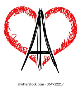 Eiffel Tower in heart shape background, France, Paris, symbol, logo or pin.