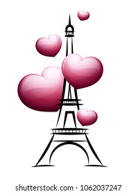 Eiffel tower and hearts around