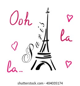 Eiffel Tower with hearts hand drawn. Decorative sketch silhouette. Typography background. France travel holiday concept. French graphic design for apparel, card, poster, t shirt. Vector illustration.