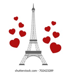 Eiffel tower and hearts on white background. Vector illustration.