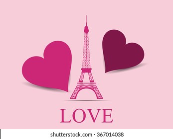 Eiffel Tower with hearts. Paris. Postcard Valentine's Day. Vector illustration.