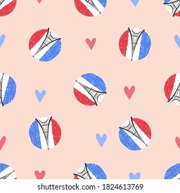 Eiffel tower with hearts seamless pattern. Paris symbols vector illustration.