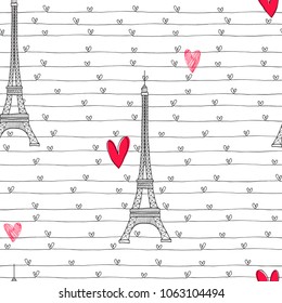  Eiffel Tower and hearts.  Seamless romantic pattern on a white background. Vector illustration.
