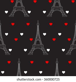 Eiffel Tower and hearts, vector seamless pattern. Paris romantic valentine background.