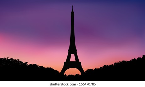 eiffel tower and hedge bushes silhouette  at twilight sky (evening,morning)