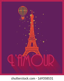 Eiffel tower with hot air balloon and hearts vector/illustration. Translation: Love