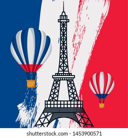 eiffel tower hot air balloons flag happy bastille day vector illustration