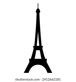 Icono de la Torre Eiffel, silueta negra sobre blanco. Signo minimalista en estilo de galería de símbolos. Forma vectorial simple para la ilustración francesa, diseño gráfico y web.