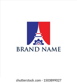eiffel tower icon with gear icon inside shaped. logo icon illustration