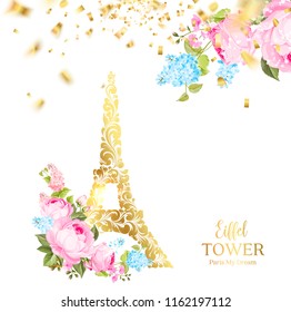 Eiffel tower icon with Golden confetti falls isolated over white background and blooming spring flowers in the bottom. Vector illustration.