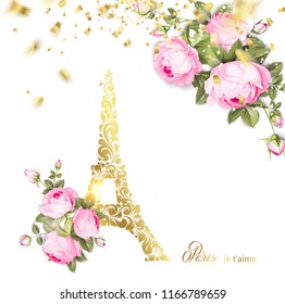 Eiffel tower icon with Golden confetti falls isolated over white background and blooming spring flowers in the bottom. Vector illustration.