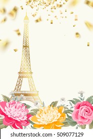 Eiffel tower icon with Golden confetti falls isolated over white background and blooming spring flowers in the bottom. Vector illustration.