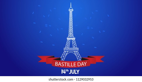 Eiffel tower icon Lettering 14th july happy bastille day with blue background