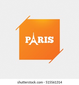Eiffel tower icon. Paris symbol. Orange square label on pattern. Vector