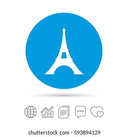 Eiffel tower icon. Paris symbol. Copy files, chat speech bubble and chart web icons. Vector