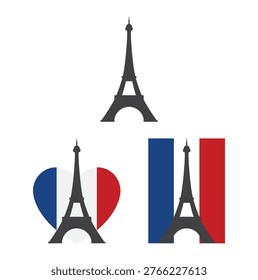 Eiffel Tower icon set against the blue, white, and red colors of the French national flag. 