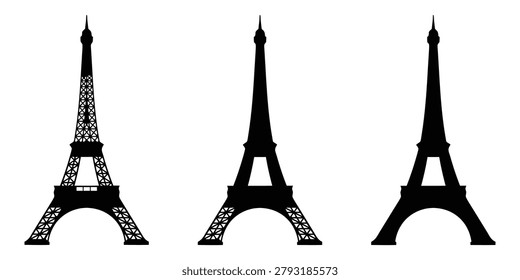 Eiffel Tower Icon Set Vector, Paris Landmark Silhouettes and Outline Architecture Symbols Isolated on 
White Background