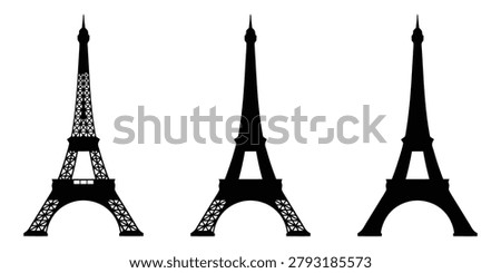 Eiffel Tower Icon Set Vector, Paris Landmark Silhouettes and Outline Architecture Symbols Isolated on 
White Background