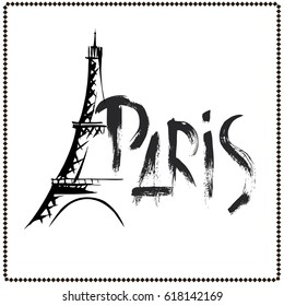 Eiffel Tower icon in sketch style with hand drawn word paris, doodle vector illustration